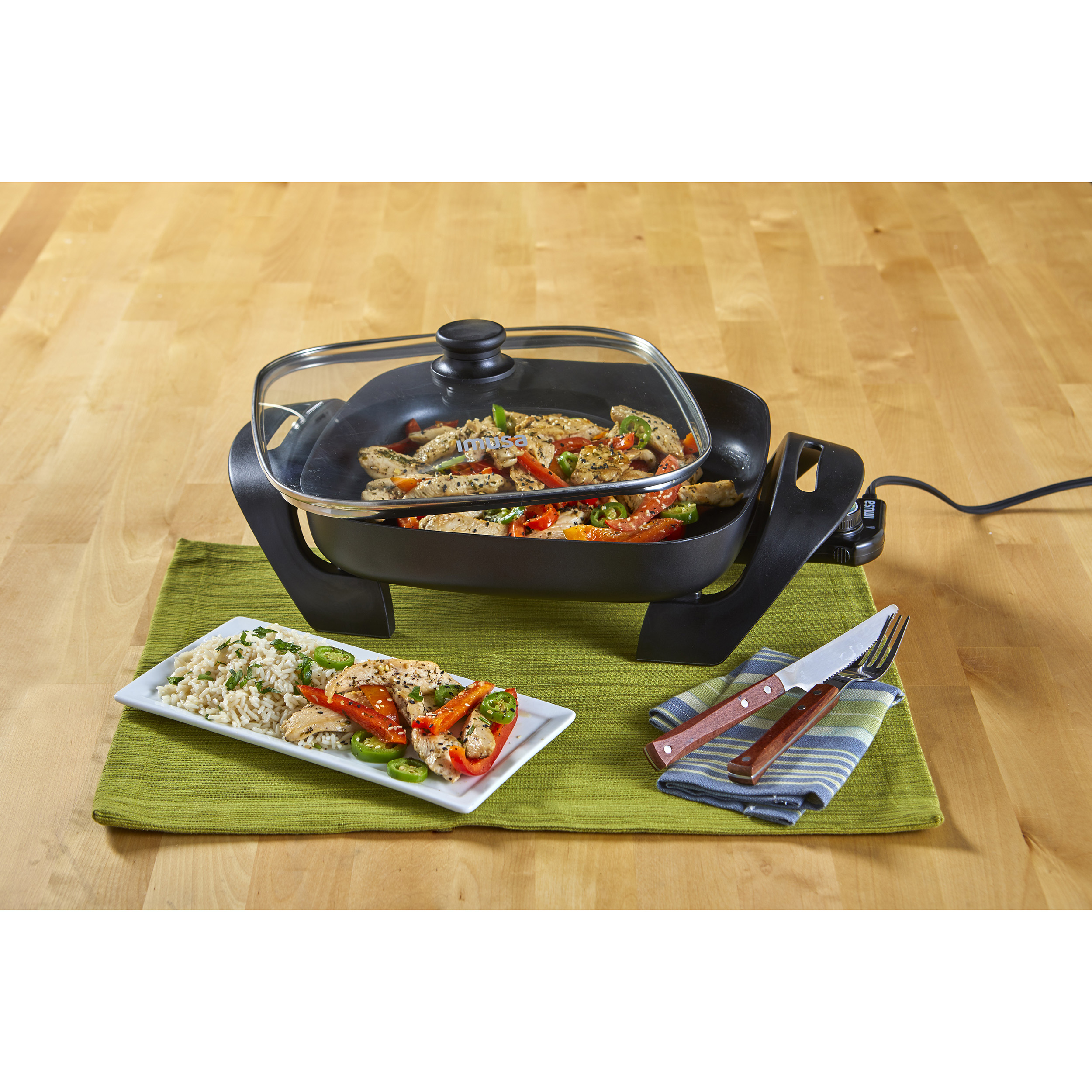 12 Inch Electric Kitchen Skillet with Nonstick Aluminum Coated Grill Pan & Glass 