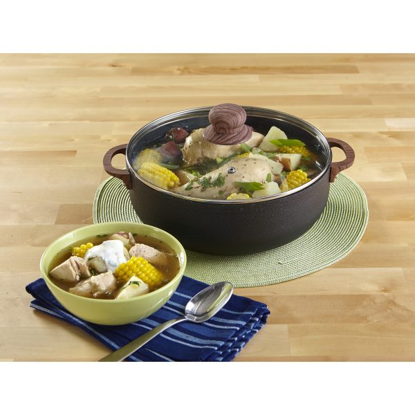 IMUSA Nonstick Spleckled Black Stone Caldero with Tempered Glass Lid and Woodlook Soft Touch Handles 6.9 Quart, Black