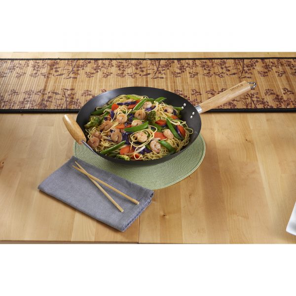 Global Kitchen 14" Non Stick Wok with Wood Handle, Black