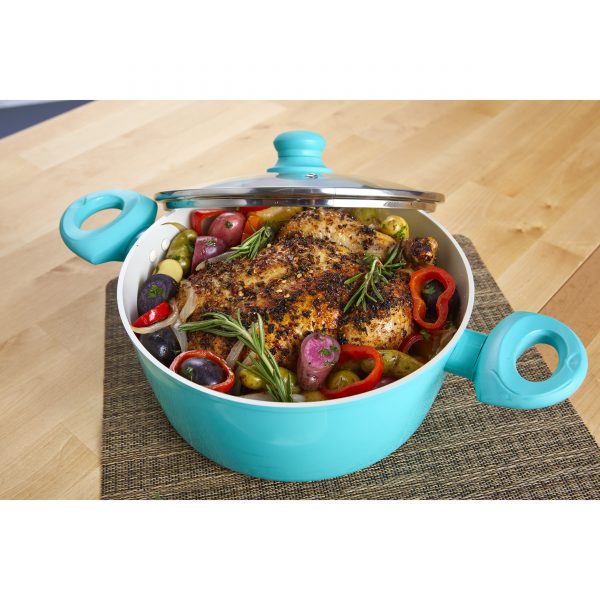 IMUSA Ceramic Nonstick Forged Aluminum Dutch Oven with Glass Lid & Soft Touch Handle 3 Quarts, Teal