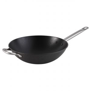 IMUSA 14" Light Cast Iron Wok with Stainless Steel Handles, Black