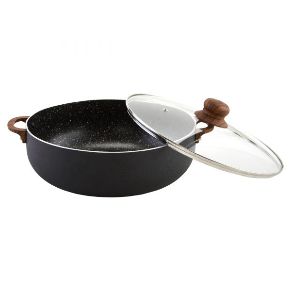 IMUSA Nonstick Spleckled Black Stone Caldero with Tempered Glass Lid and Woodlook Soft Touch Handles 4.4 Quart, Black