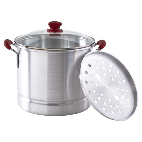 IMUSA Aluminum Steamer with Glass Lid & Soft Touch Handles 20 Quarts, Ruby Red