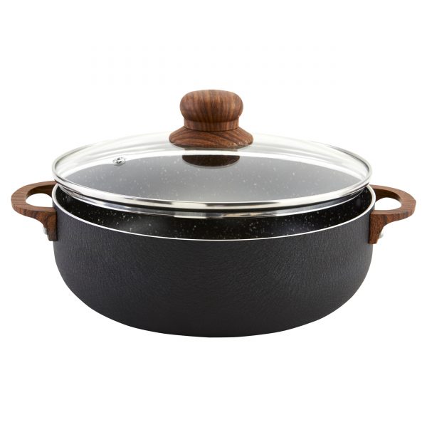IMUSA Nonstick Spleckled Black Stone Caldero with Tempered Glass Lid and Woodlook Soft Touch Handles 13.5 Quart, Black