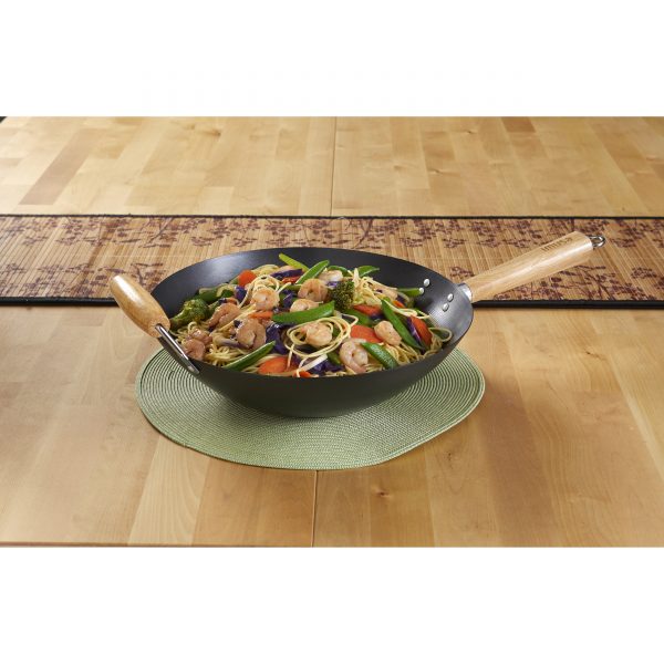 Global Kitchen 14" Non Stick Wok with Wood Handle, Black