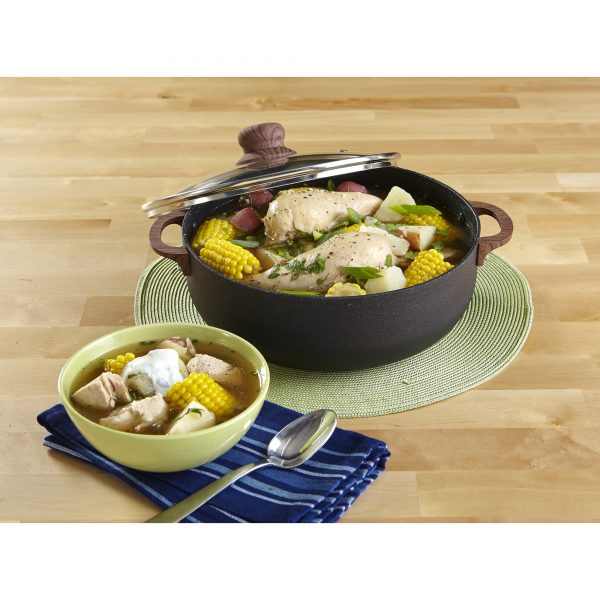 IMUSA Nonstick Spleckled Black Stone Caldero with Tempered Glass Lid and Woodlook Soft Touch Handles 9.0 Quart, Black