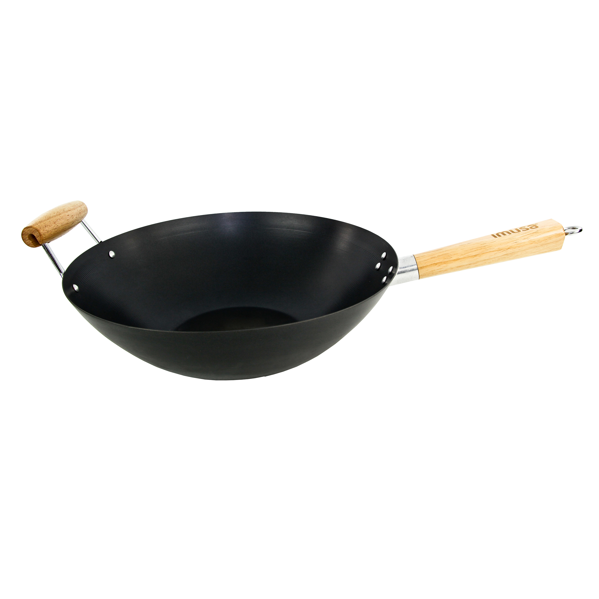 Chinese black iron Steel authentic Wok Pan with Wooden Handle and wok ring 