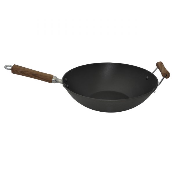IMUSA Pre-seasoned Light Cast Iron Wok with Soft Touch Woodlook Handle 14 Inches, Black