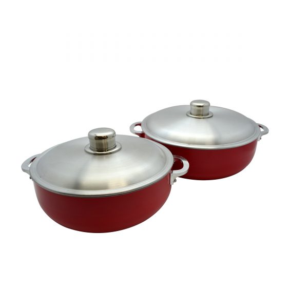IMUSA Nonstick Two Piece Caldero Set with Tempered Glass Lid 26/30 cm, Red