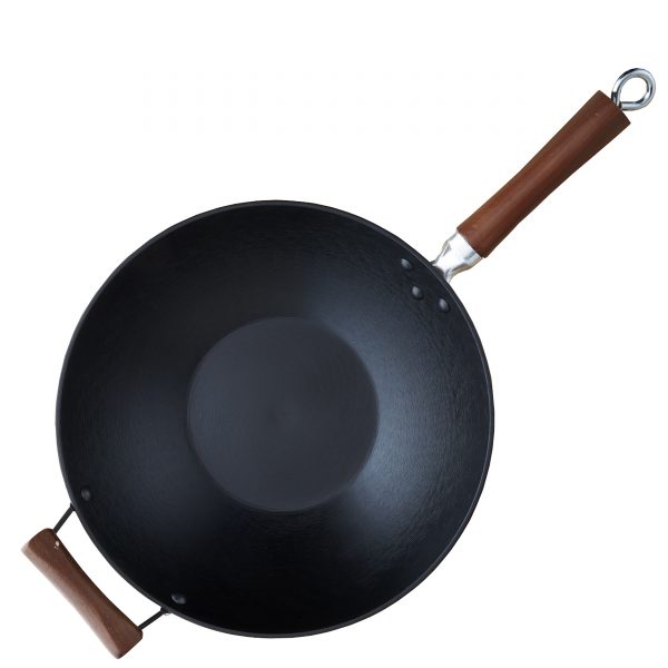 Global Kitchen Preseasoned Light Cast Iron Wok with Dark Wood Handles 14 Inches, Red/Black
