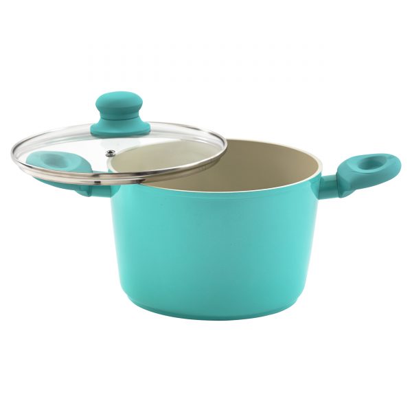 IMUSA Ceramic Nonstick Forged Aluminum Stock Pot with Glass Lid & Soft Touch Handle 5 Quarts, Teal